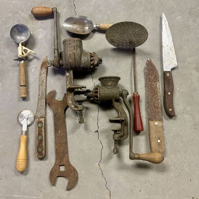 Sale Photo Thumbnail #666: Assortment of Antique and Vintage Cast Iron Food Choppers and Hand Tools