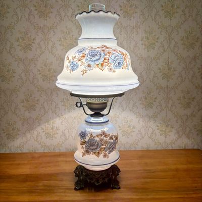 Sale Photo Thumbnail #336: American Hand Blown Glass Gone with the Wind Style Hurricane Table Lamp with Floral Decoration