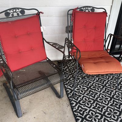 Sale Photo Thumbnail #818: Pair of Vintage Wrought Iron and Mesh High Back Spring Base Patio Rocking Chairs