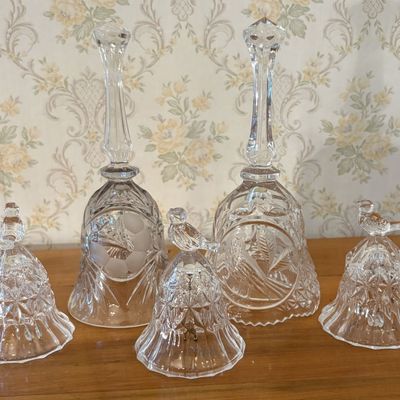 Sale Photo Thumbnail #576: A Collection of Cut Lead Crystal Dinner Bells Featuring Bird and Floral Motifs