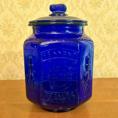 Large Cobalt Blue Glass Planters Salted Peanuts Countertop Display Jar