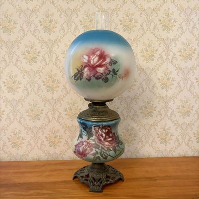 Sale Photo Thumbnail #335: Antique Gone with the Wind Style Hand Painted Floral Double Globe Oil Lamp With Damage