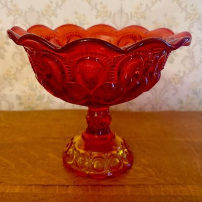 Amberina Glass Pedestal Compote in Moon and Star Pattern