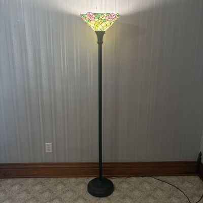 Sale Photo Thumbnail #415: Tiffany Style Stained Glass Rose Pattern Torchiere Floor Lamp