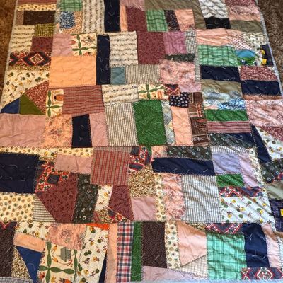 Sale Photo Thumbnail #220: Mid-20th Century Hand-Assembled Cotton Patchwork Crazy Quilt