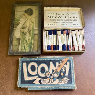 Sale Photo Thumbnail #723: Early 20th C. Ephemera Trio w/ Lithograph Portrait, Orotech Co. Loony Game & Faultless Middy Laces Box