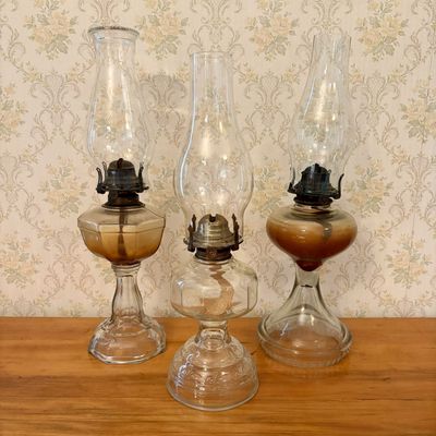 Sale Photo Thumbnail #326: Three Antique Molded Glass Table Oil Lamps including Bright Knight Farm Lamp