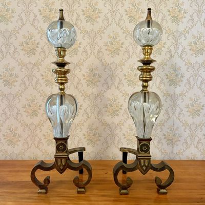 Sale Photo Thumbnail #425: Pair of Brass and Glass Floral Paperweight Andirons