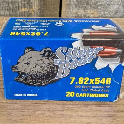 Sale Photo Thumbnail #182: Barnaul Silver Bear 7.62x54R Ammunition 203 Grain SP with Zinc Plated Case
