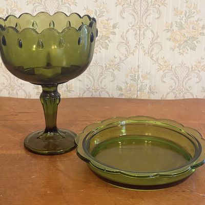 Sale Photo Thumbnail #274: A Two Piece Lot of Olive Green Pressed Glass Pedestal Candy Dish and Matching Scalloped Bowl
