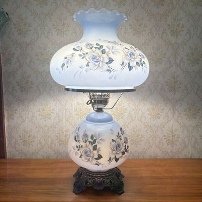 Sale Photo Thumbnail #409: Hand Painted Blue Floral Milk Glass Three Way Hurricane Table Lamp