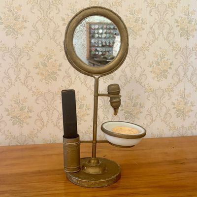 Sale Photo Thumbnail #402: Antique Gilt Finished Shaving Stand with Genco Straight Razor and Colgate Shaving Soap