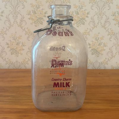 Sale Photo Thumbnail #458: Vintage Dean's Country Charm One Gallon Glass Milk Jug with Wire Bale Handle