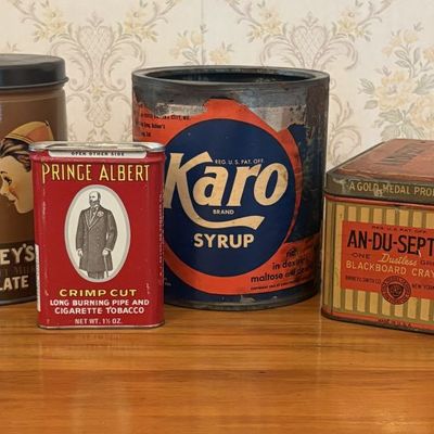 Sale Photo Thumbnail #629: A Collection of Six Vintage Product Tins and Advertising Containers Including Karo Syrup and Prince Albert