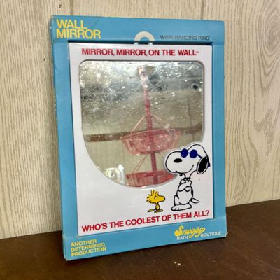 Sale Photo Thumbnail #730: Vintage 1971 Peanuts Joe Cool and Woodstock Snoopy Bath Boutique Wall Mirror in Original Packaging