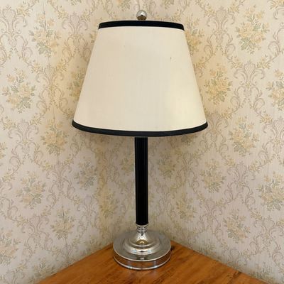 Sale Photo Thumbnail #596: Art Deco Style Chrome and Fluted Column Table Lamp with Trimmed Shade