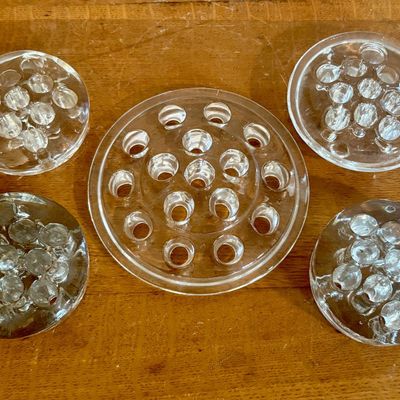 Sale Photo Thumbnail #313: A Collection of Five Vintage Clear Pressed Glass Flower Frogs