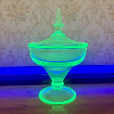 Sale Photo Thumbnail #474: Uranium Glass Lidded Compote