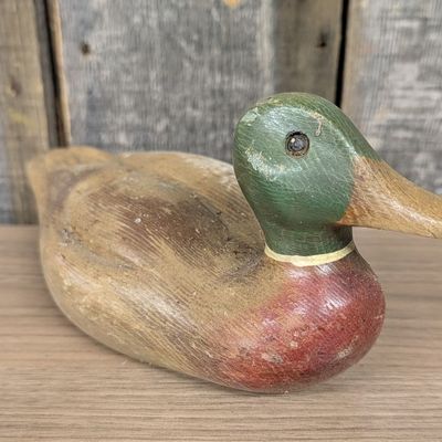 Sale Photo Thumbnail #299: Hand Carved and Painted Wooden Mallard Duck Decoy Marked D HAND