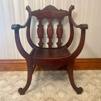 Sale Photo Thumbnail #413: Antique Carved Mahogany Curule Form Armchair with Mascaron Crest