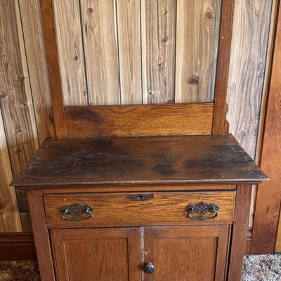 Sale Photo Thumbnail #206: Antique Oak Washstand Cabinet with Towel Bar and Casters