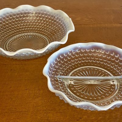Two Pieces of French Opalescent Hobnail Glass Including a Large Bowl and a Divided Dish