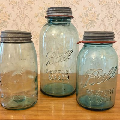 Sale Photo Thumbnail #627: Three Ball Aquamarine Glass Mason Jars with Zinc Lids