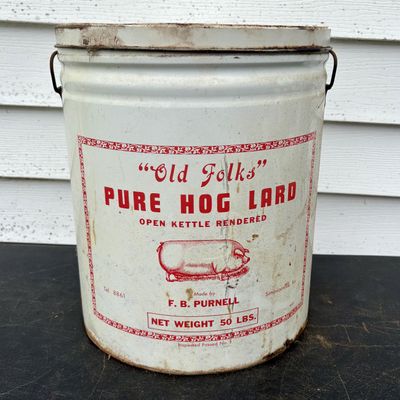 Sale Photo Thumbnail #808: Vintage F. B. Purnell Old Folks Pure Hog Lard 50 lb. Metal Canister with Lid