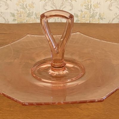 Pink Depression Glass Center Handled Octagonal Serving Tray with Floral Etching