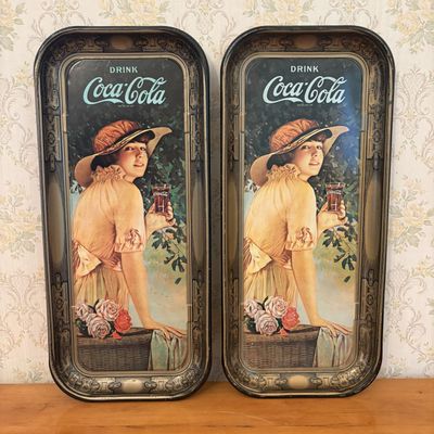 Sale Photo Thumbnail #368: A Pair of Coca-Cola Lithographed Tin Advertising Trays 1972 Reproductions of 1916 World War I Girl Design