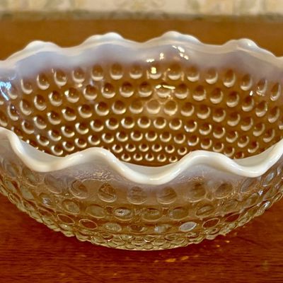 White Opalescent Moonstone Hobnail Two Handled Crimped Bowl