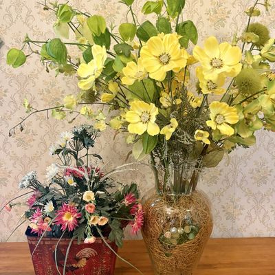 Sale Photo Thumbnail #341: Two Artificial Floral Arrangements in Glass Vase and Decorative Metal Planter