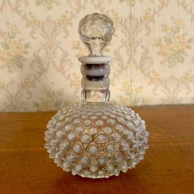 Vintage Opalescent Hobnail Glass Perfume Bottle with Floral Stopper