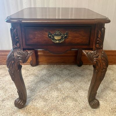 Sale Photo Thumbnail #410: Traditional Cherry Wood Commode Style End Table with Cabriole Legs and Ball and Claw Feet
