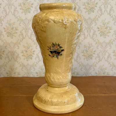 American Studio Pottery Pedestal Vase with Baltimore Oriole Decoration Dated 1979