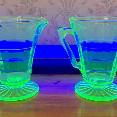 Sale Photo Thumbnail #473: A Pair of Green Depression Glass Block Optic Footed Creamer and Sugar Bowl