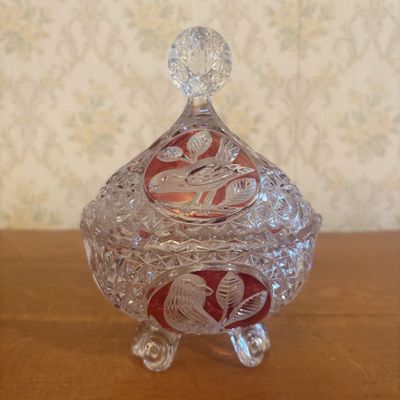 Sale Photo Thumbnail #108: Three Footed Cut Glass Candy Dish With Bird Medallions And Lid