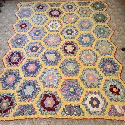Sale Photo Thumbnail #506: Large Mid-Century Grandmother Flower Garden Hand Stitched Cotton Patchwork Quilt