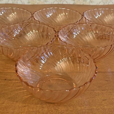 Set of Six Duralex France Pink Swirl Pattern Glass Bowls