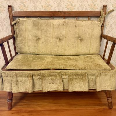 Sale Photo Thumbnail #392: Vintage American Colonial Revival Style Wooden Settee Storage Bench with Olive Green Upholstery