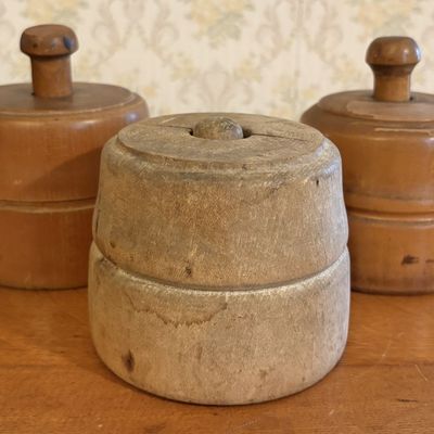 Three Antique Wooden Plunger Style Butter Molds with Hand Carved Stamps