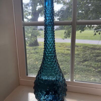 Sale Photo Thumbnail #216: Mid Century Turquoise Blue Bubble Glass Genie Bottle Decanter