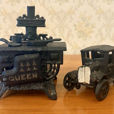Sale Photo Thumbnail #362: Two Miniature Cast Iron Toys Including a Queen Kitchen Range and Model T Style Coupe
