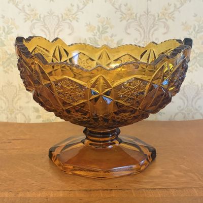 Large Amber Pressed Glass Pedestal Bowl with Star and Cane Pattern