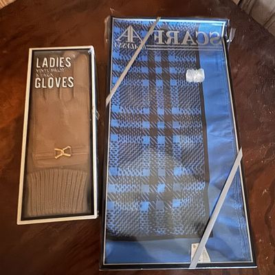 Sale Photo Thumbnail #222: Two New Old Stock Fashion Accessories Comprising a Plaid Scarf and Ladies Gloves