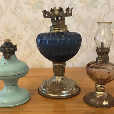 Sale Photo Thumbnail #624: Three Miniature Oil Lamps in Enameled Metal and Glass