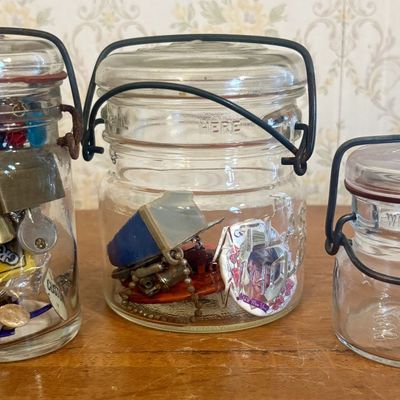 Sale Photo Thumbnail #273: A Trio of Vintage Glass Lightning Style Jars and Assorted Miniature Collectibles
