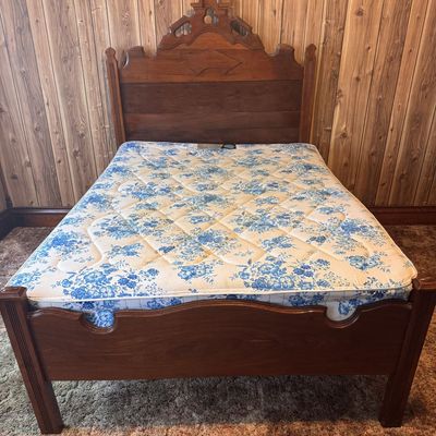 Sale Photo Thumbnail #202: Victorian Style Full Size Walnut Bed Frame with Carved Fretwork Headboard