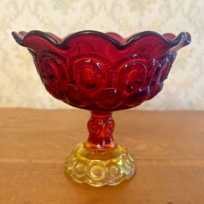 Amberina Moon and Star Pattern Pressed Glass Pedestal Compote