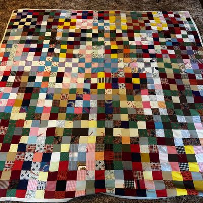 Sale Photo Thumbnail #237: Large Vintage Multi-Color Patchwork Tied Scrap Quilt